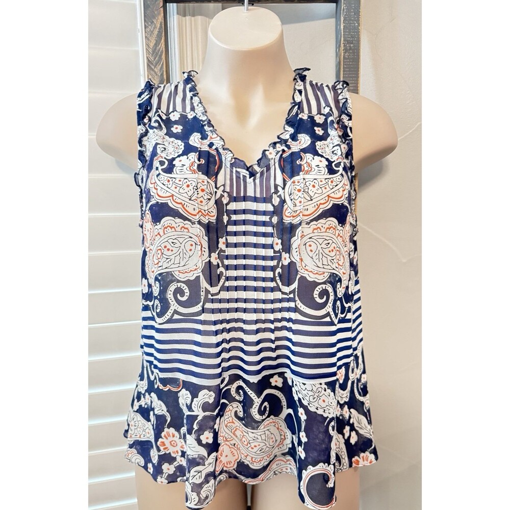 Cabi #5349 Navy Floral Paisley Striped Sheer Top Blouse Sz M Peplum Relaxed Fit